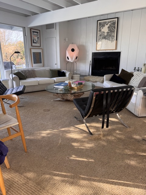 Living room with rug vacuumed and surfaces dusted
