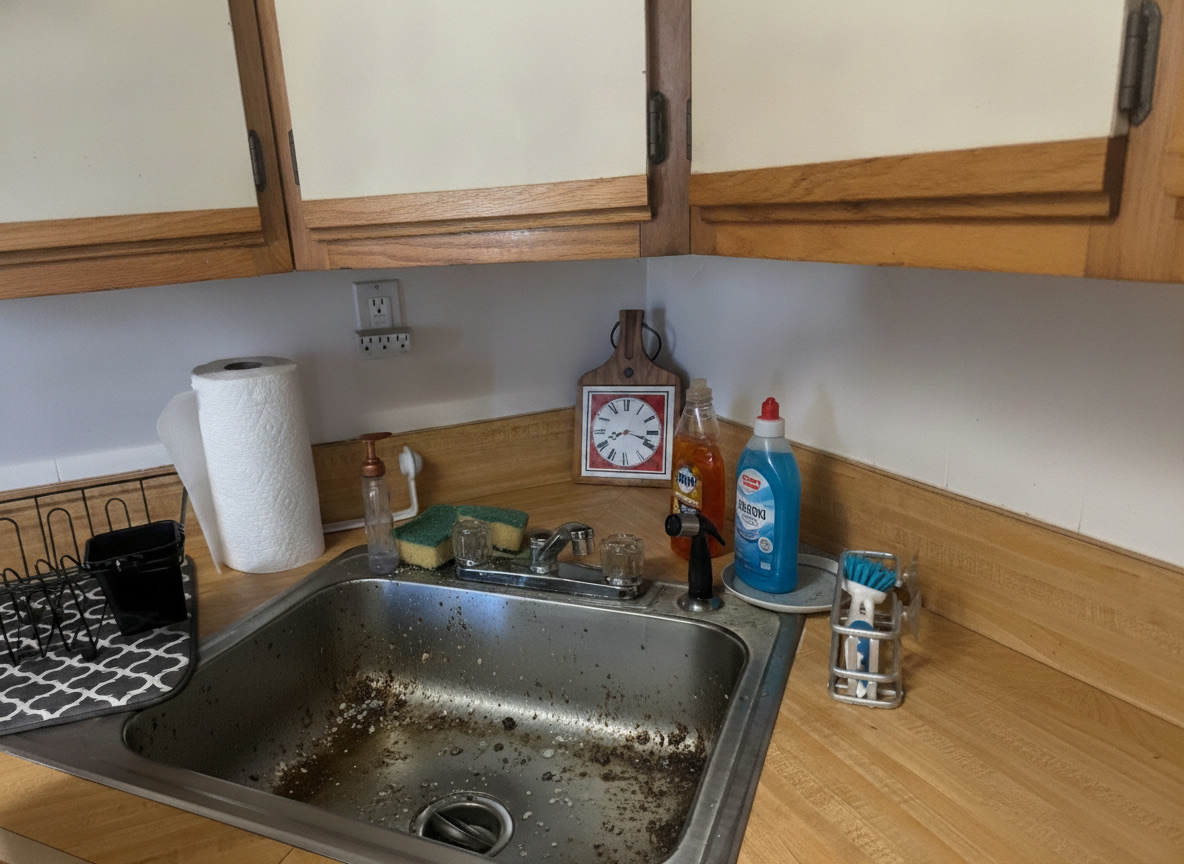 Kitchen sink before cleaning, stained with grime